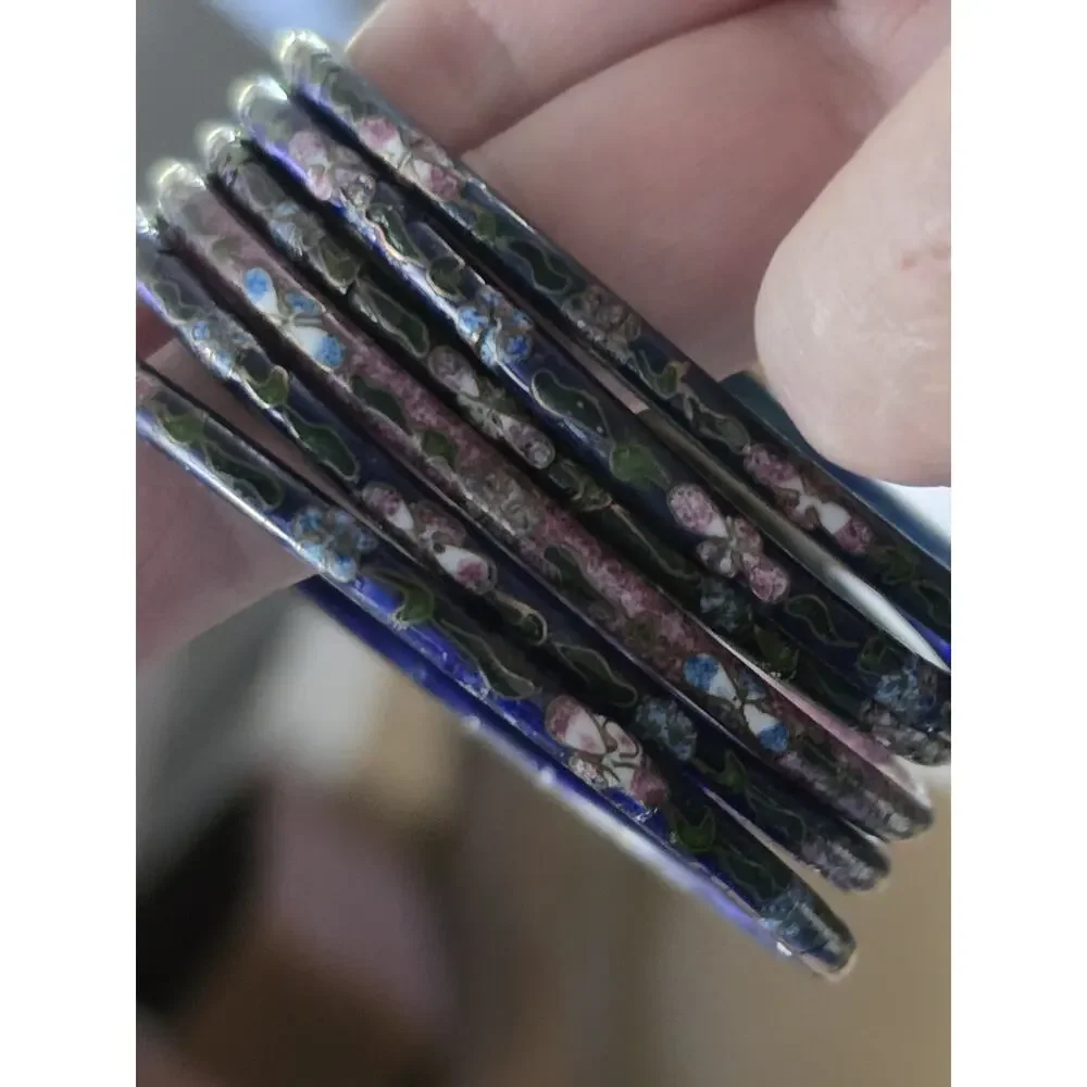 Vintage Cloisonne Enamel Floral Bracelets Set of 6 Multicolor Stackable 7.75